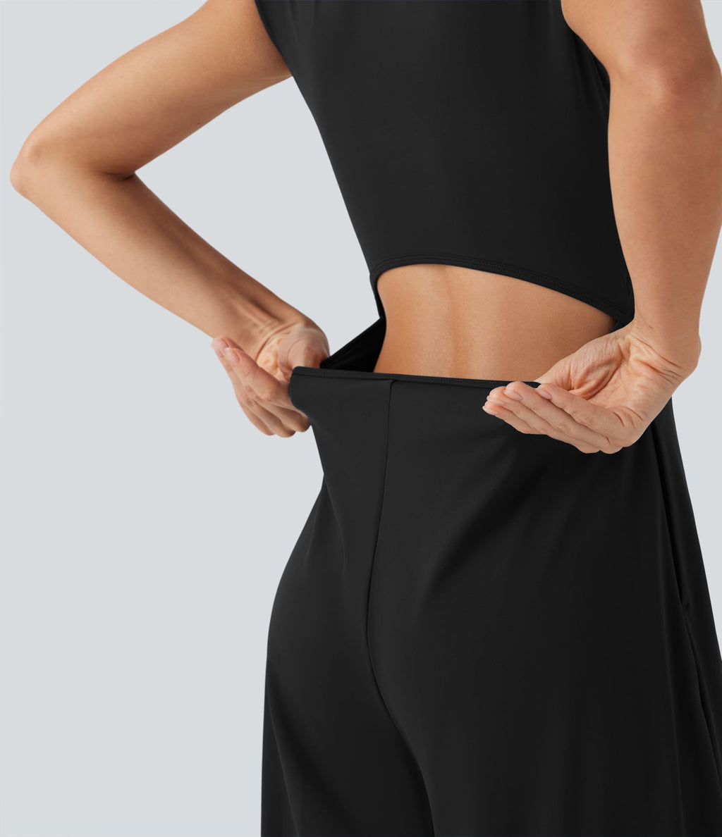 Combinaison de yoga Softlyzero™ Airy Cool Touch à col cranté, manches courtes, jambes larges et poches latérales - Édition Easy Peasy