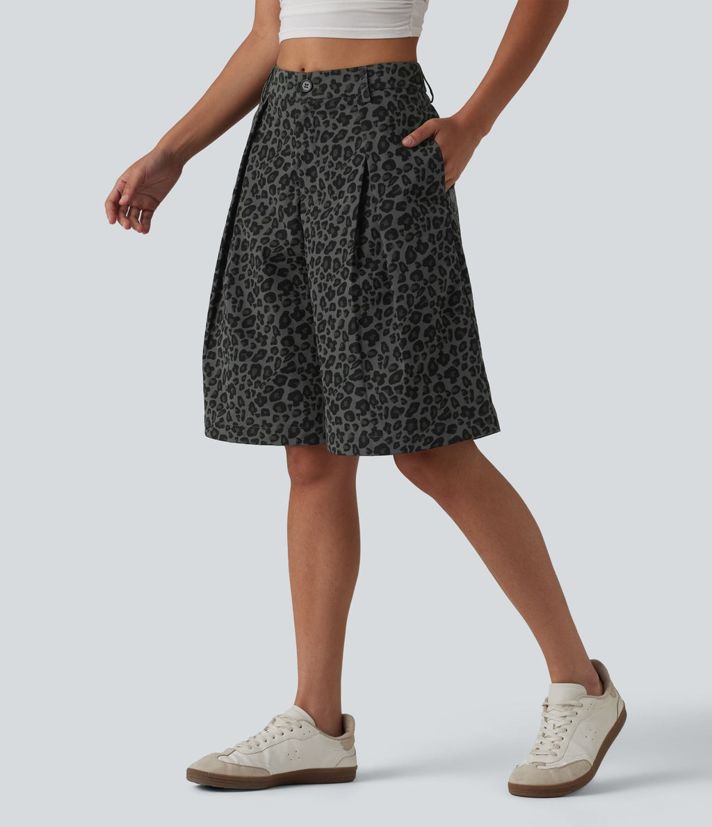 Short ample décontracté à imprimé léopard taille mi-haute, 25 cm, avec poches