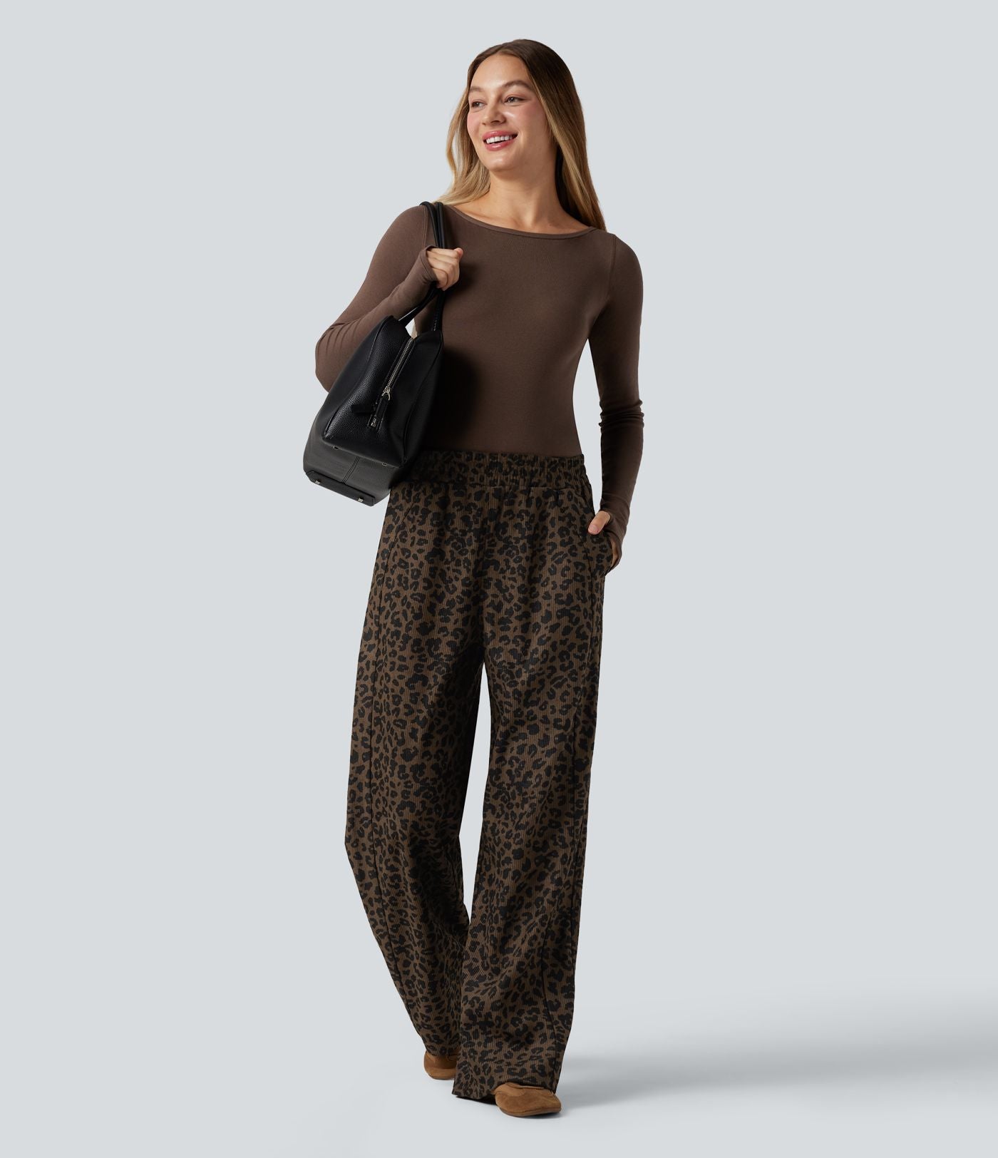 Pantalon léopard velours côtelé imprimé coupe droite mop taille haute avec poches