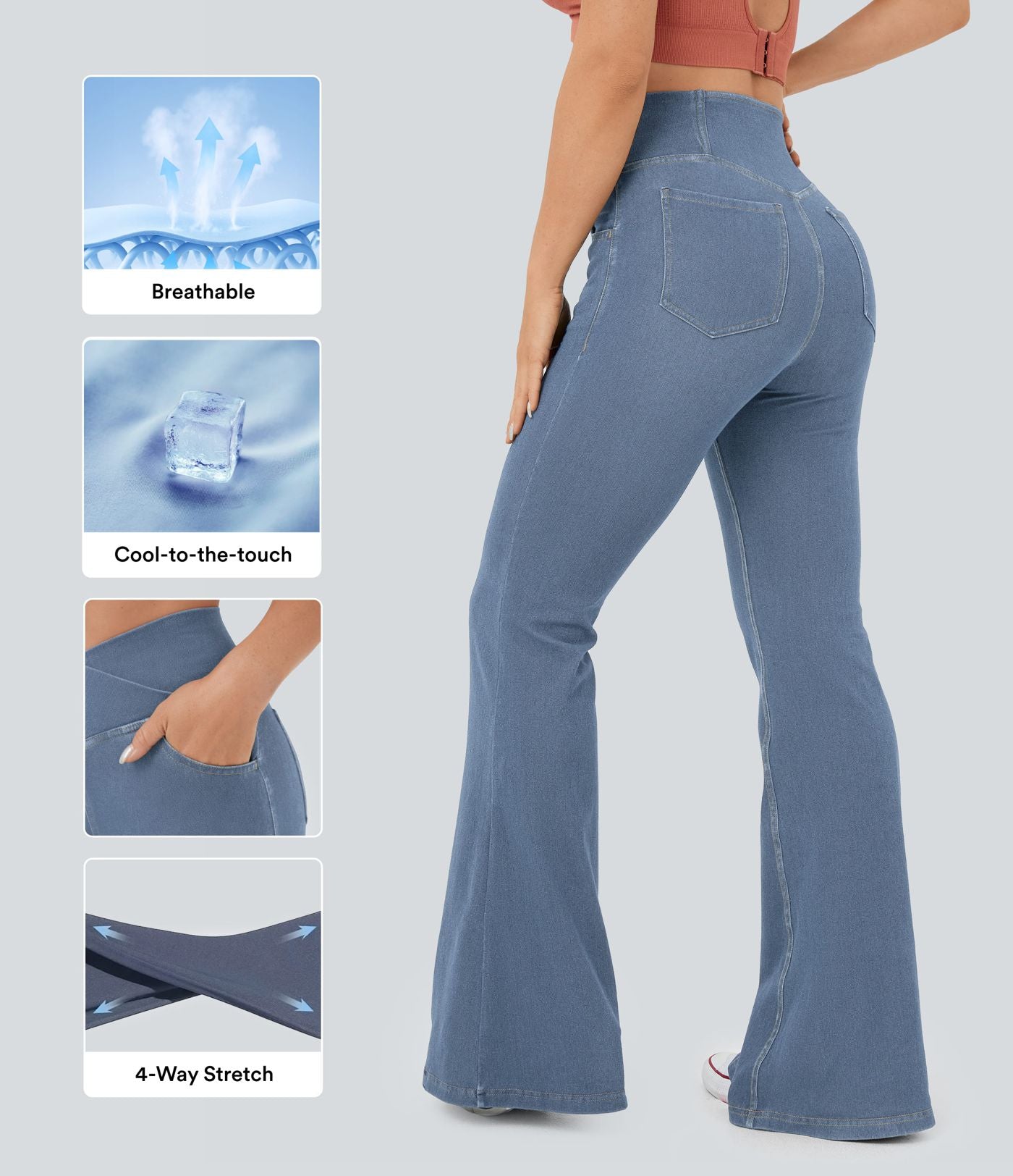 Jean super évasé Halara Flex™ décontracté maille denim extensible délavée effet frais InstantCool taille haute poches croisées