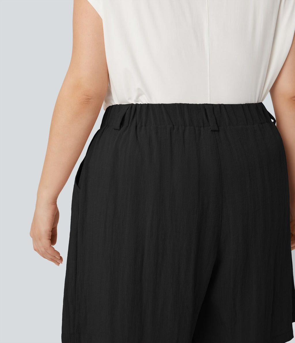 Bermuda décontracté grande taille aspect lin taille haute avec poches