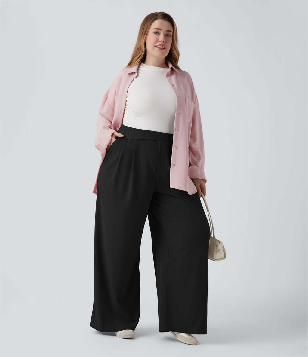 Pantalon décontracté grande taille large en maille gaufrée, taille haute, avec poches