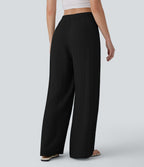 Pantalon large et fluide aspect lin taille haute, boutonné avec poches