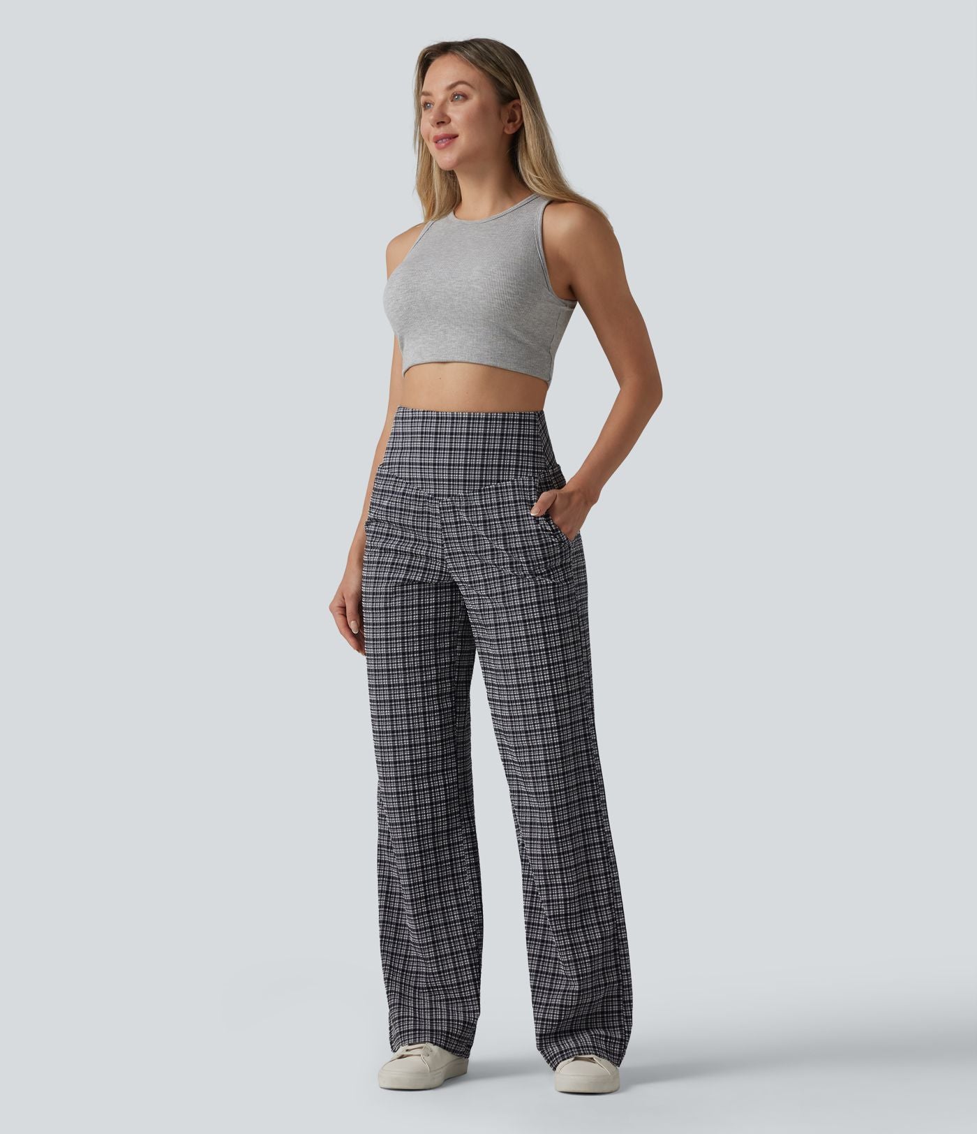 Pantalon large taille haute ventre plat à carreaux en tissu froissé séchage rapide avec poches