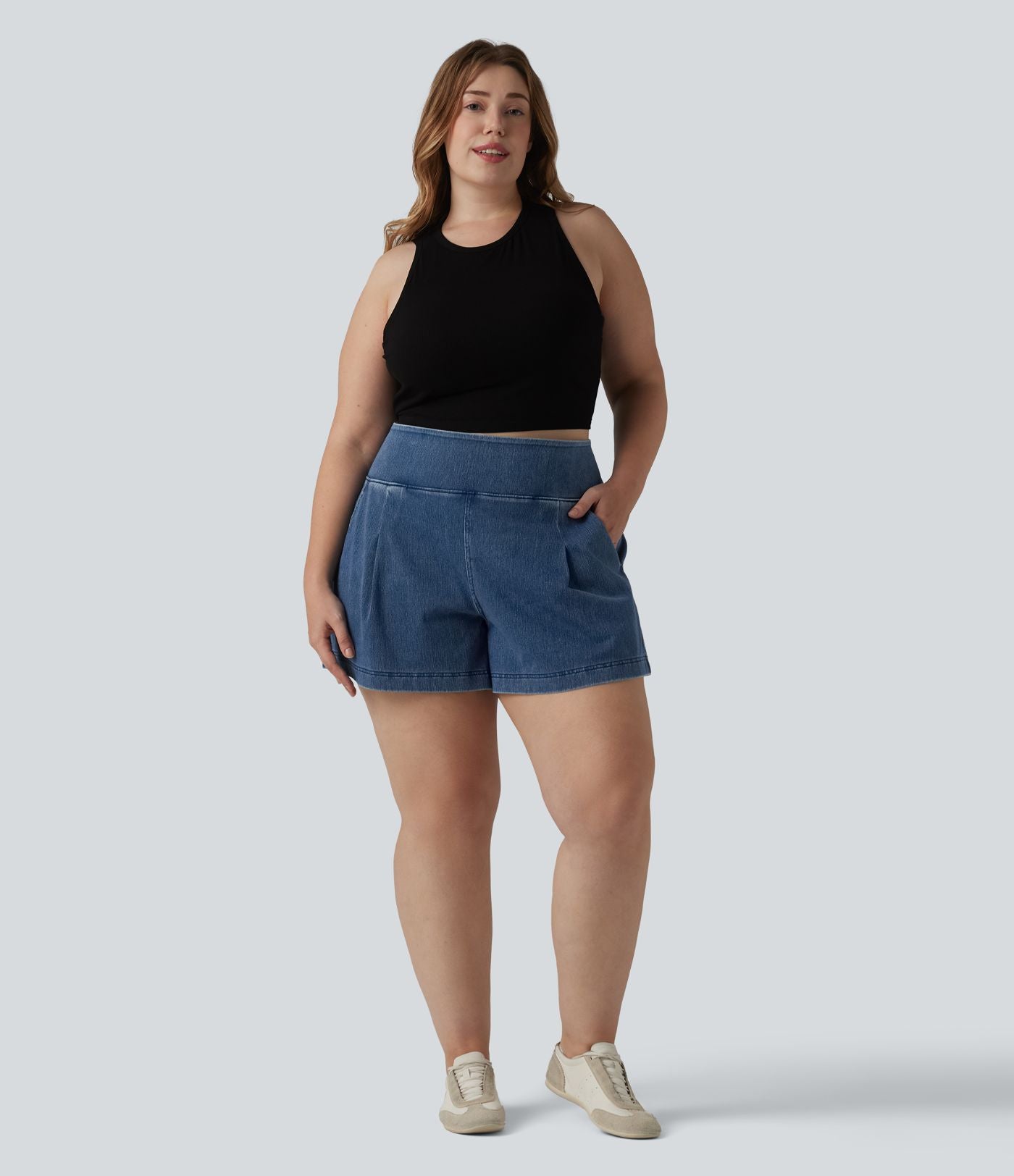 Short en jean taille haute Halara Flex™ ample et décontracté, grande taille, 10 cm avec poches