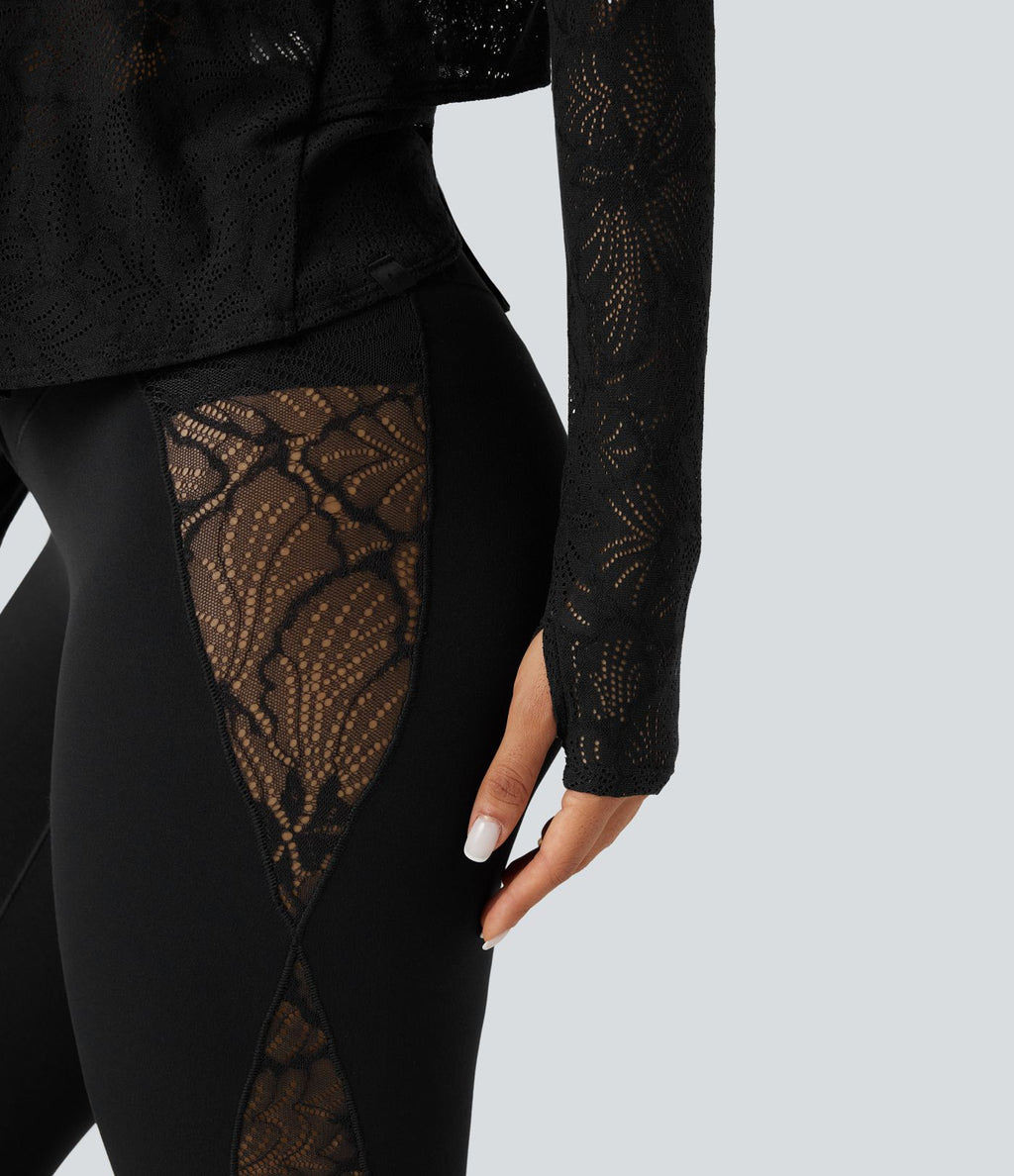 Top de sport yoga dentelle col rond manches longues liens dans le dos avec trous pouces