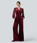 Combinaison velours mesh contrastant col V manches longues bouffantes avec poches