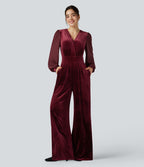 Combinaison velours mesh contrastant col V manches longues bouffantes avec poches