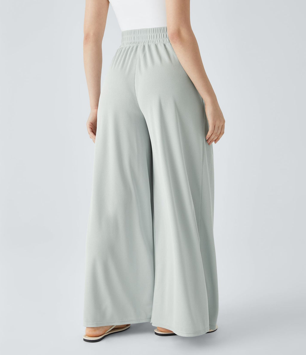 Pantalon décontracté palazzo en maille gaufrée, fluide, large, plissé, taille haute, avec poches