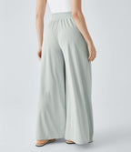 Pantalon décontracté palazzo en maille gaufrée, fluide, large, plissé, taille haute, avec poches