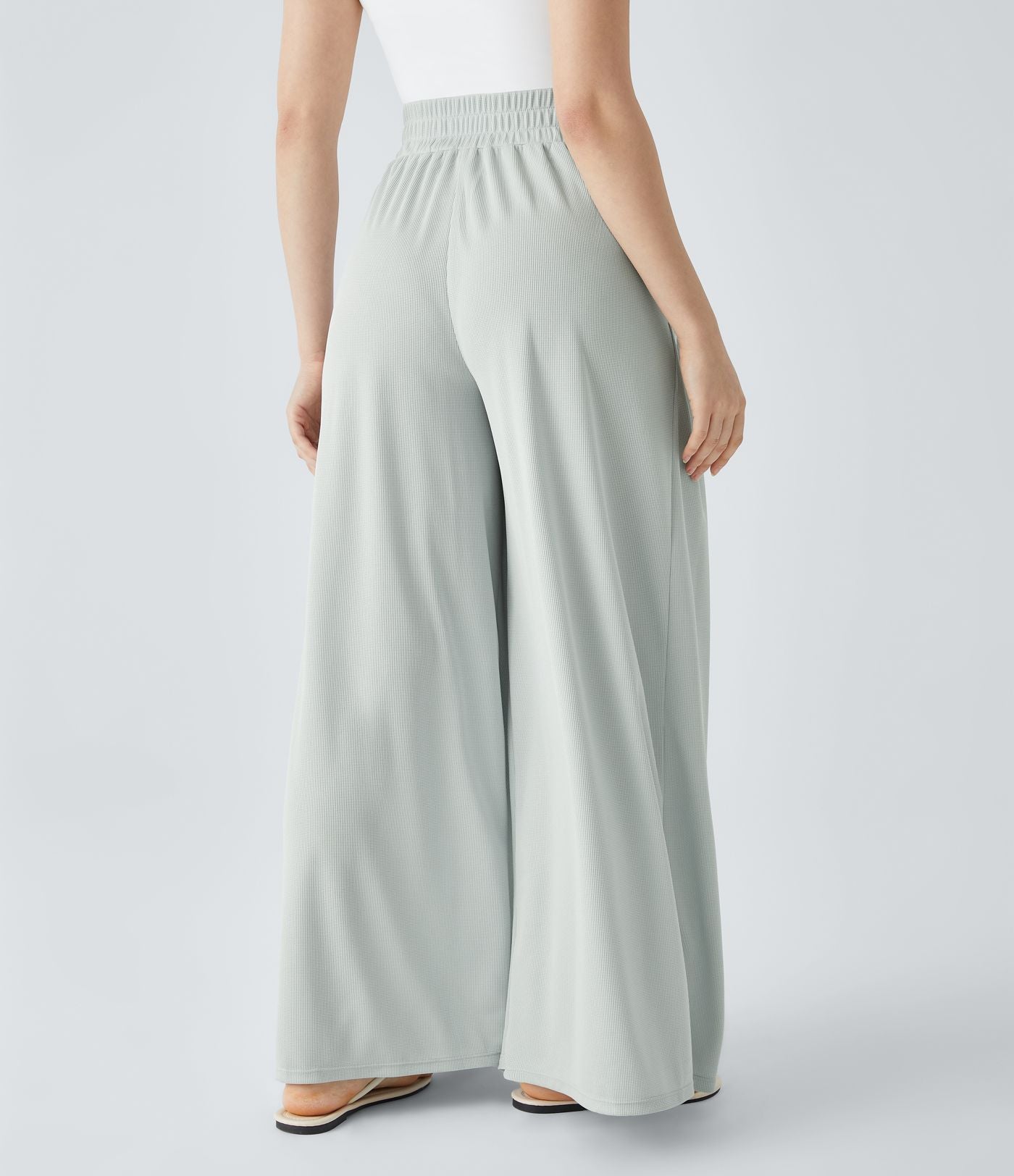 Pantalon décontracté palazzo en maille gaufrée, fluide, large, plissé, taille haute, avec poches