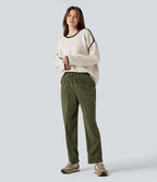 Pantalon décontracté fuselé en velours côtelé, taille mi-haute, cordon et poches