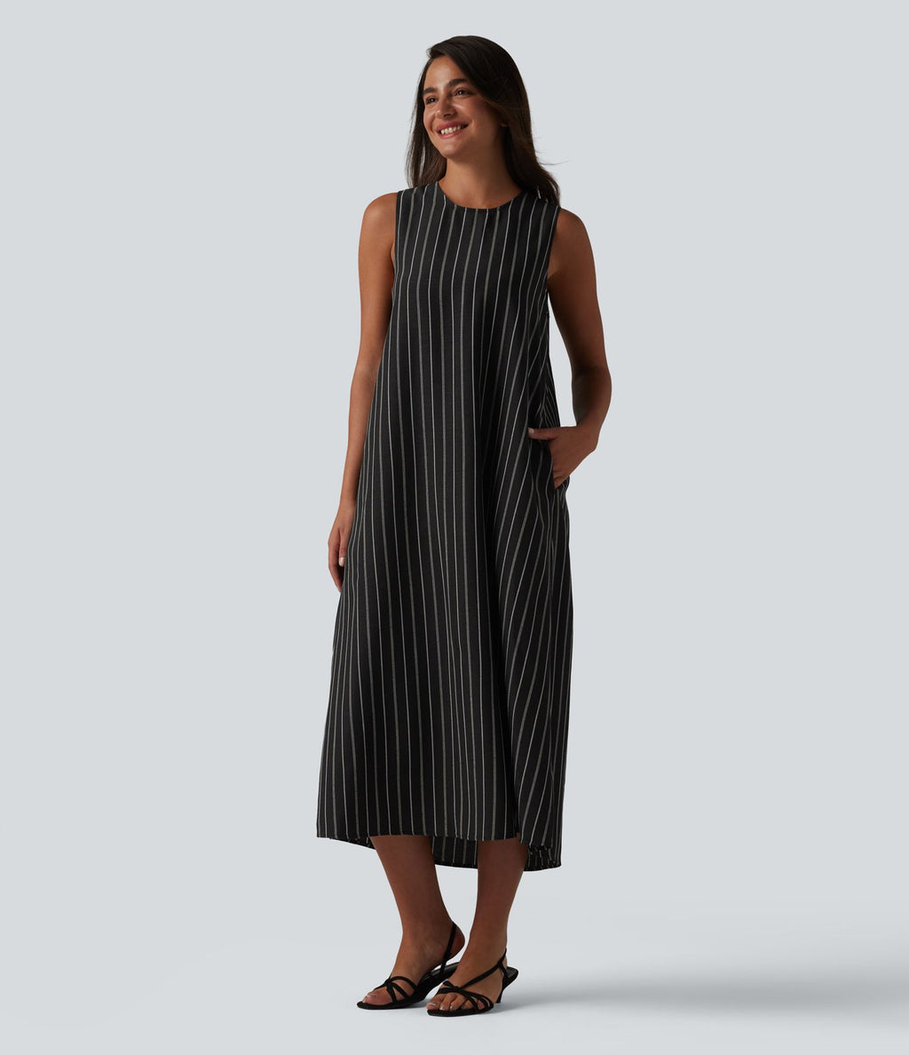 Robe décontractée midi col rond sans manches à rayures dos ajouré avec poches