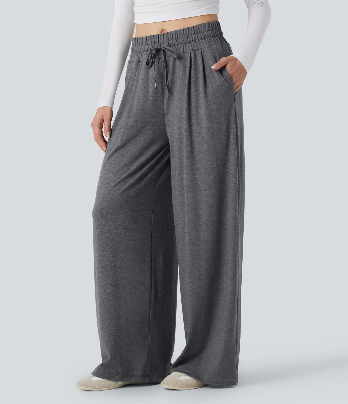 Pantalon large décontracté chiné taille mi-haute avec cordon et poches