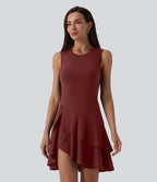 Robe mini décontractée SoftlyZero™ Airy col rond sans manches à volants superposés effet frais InstantCool
