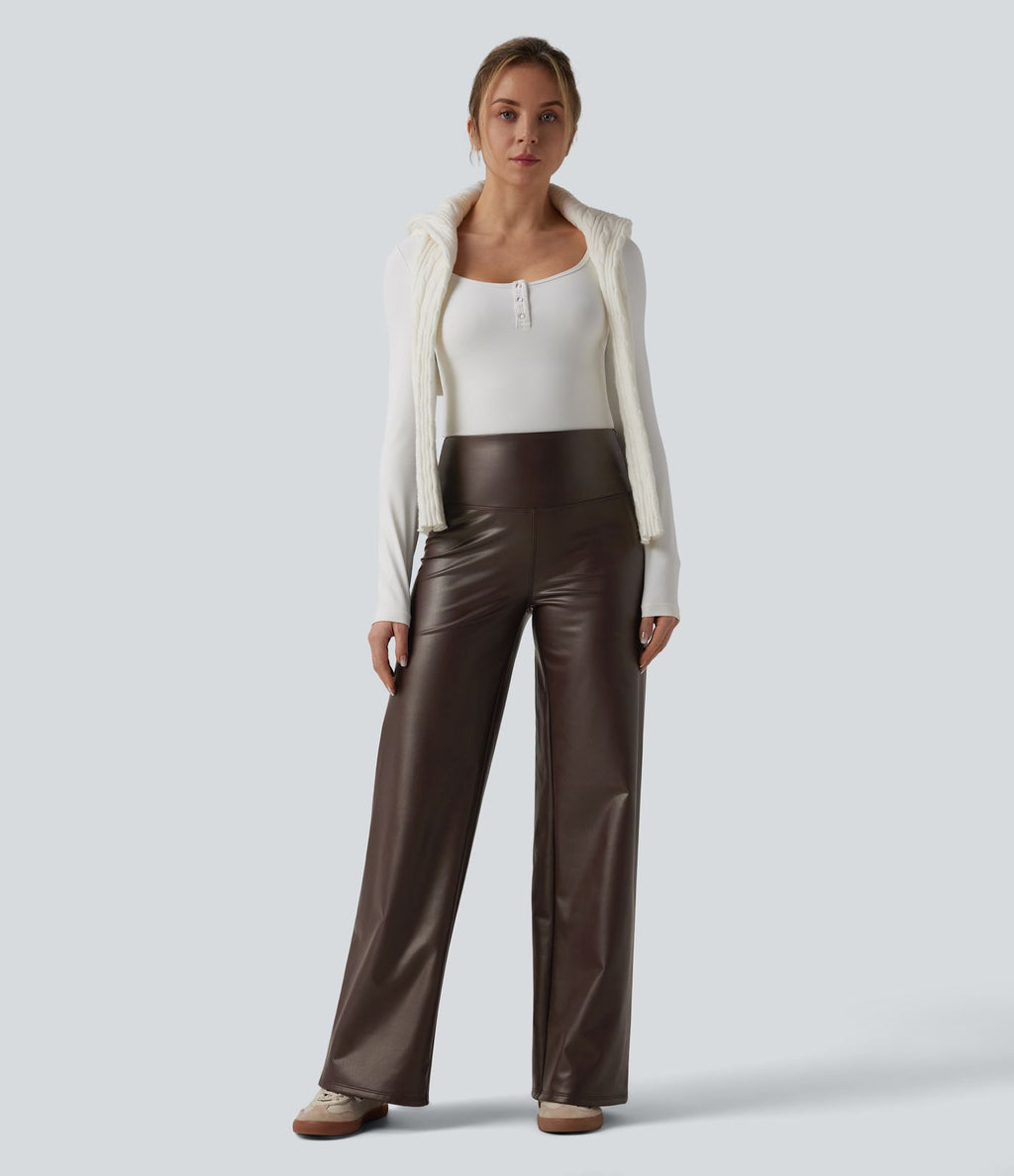 Pantalon large décontracté gainant taille haute extensible en molleton PU avec poches