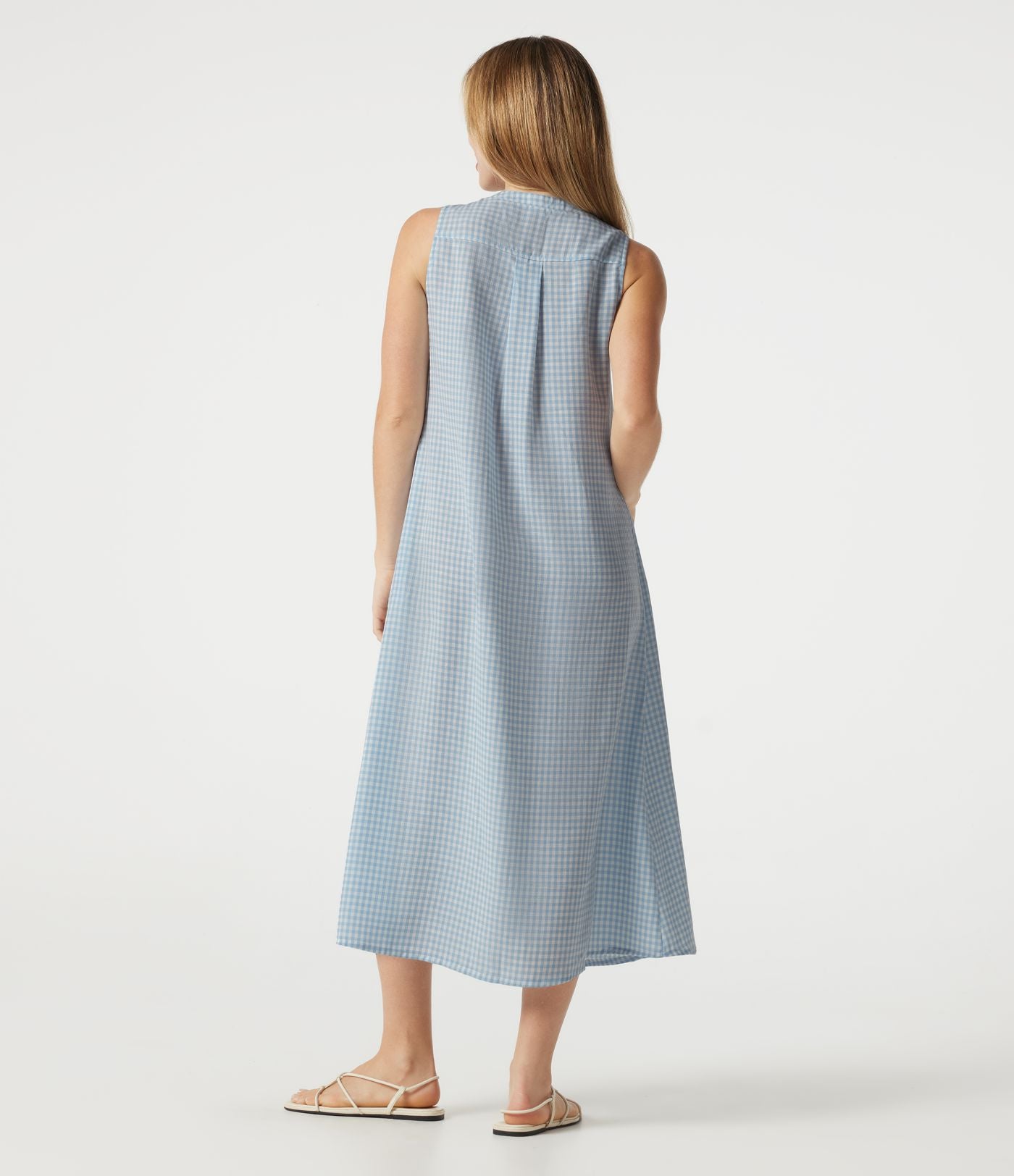 Robe casual midi à carreaux toucher lin col rond sans manches à poches