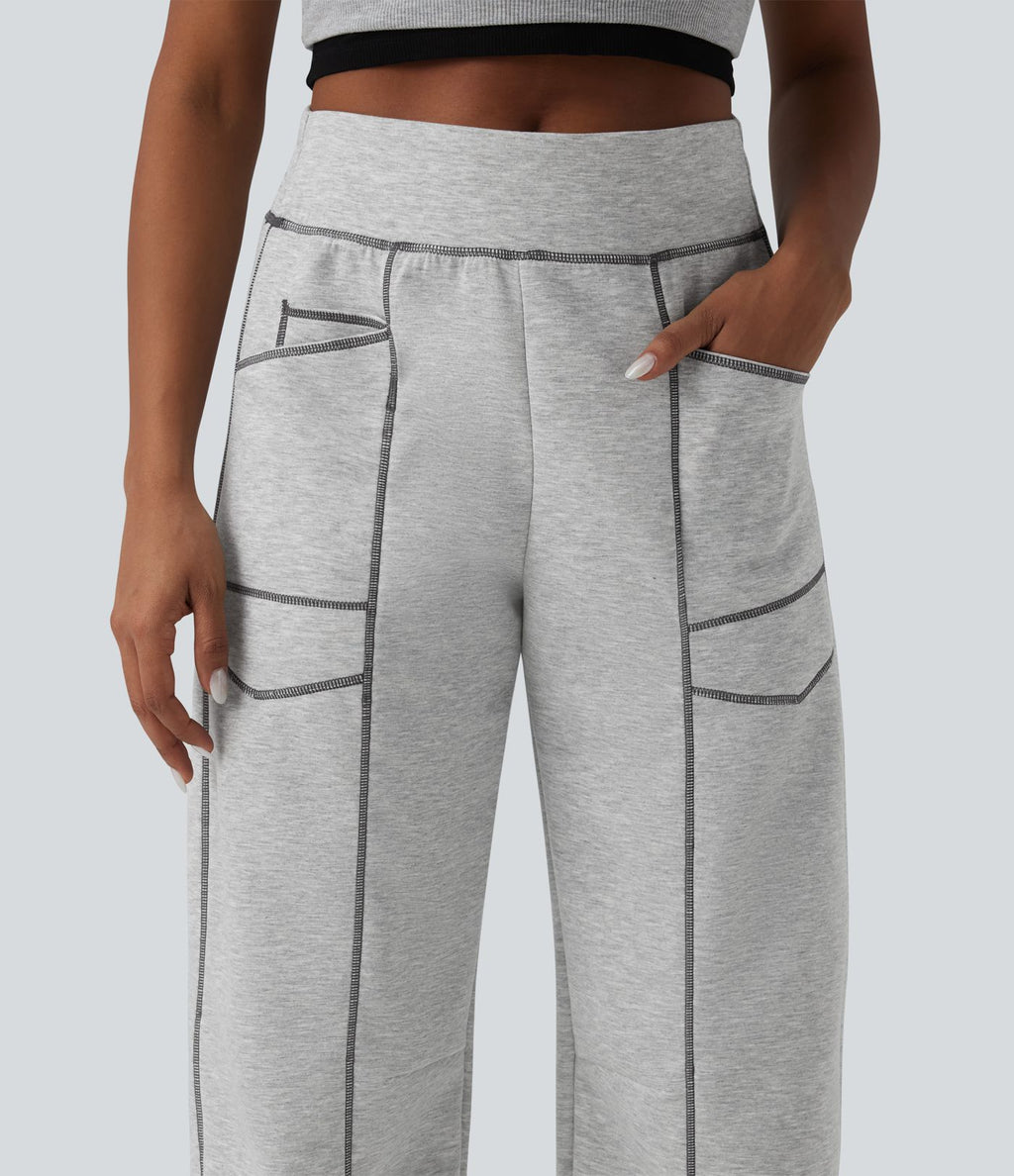 Jogging casual taille haute coupe barrel color block surpiqûres avec poches