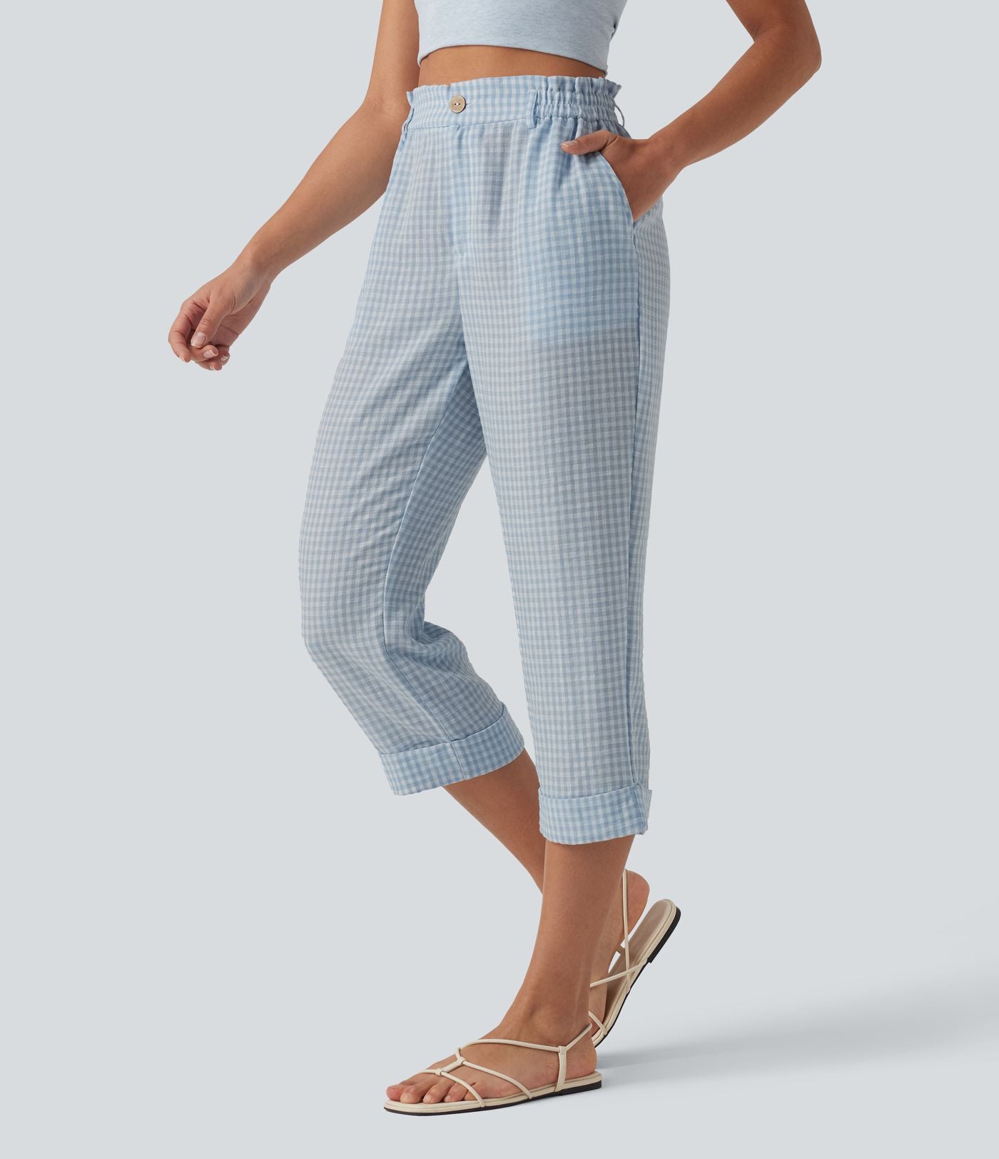 Pantalon 7/8 décontracté aspect lin à carreaux taille haute avec poches