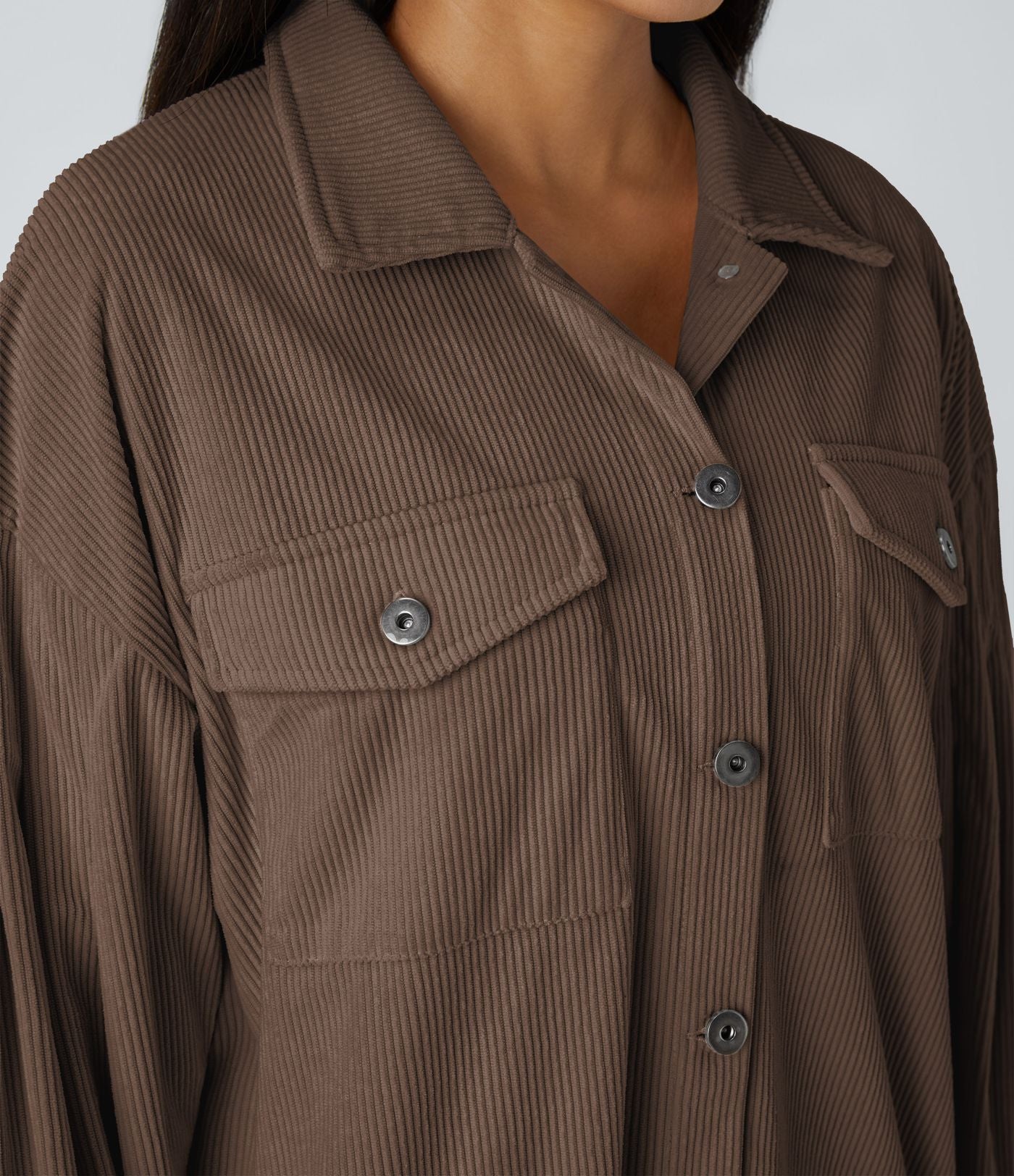 Veste Casual en Velours Côtelé à Col Boutonné Poches et Manches Longues Ourlet Courbé