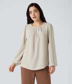 Blouse tailleur décontractée col rond dos keyhole manches bouffantes ourlet arrondi