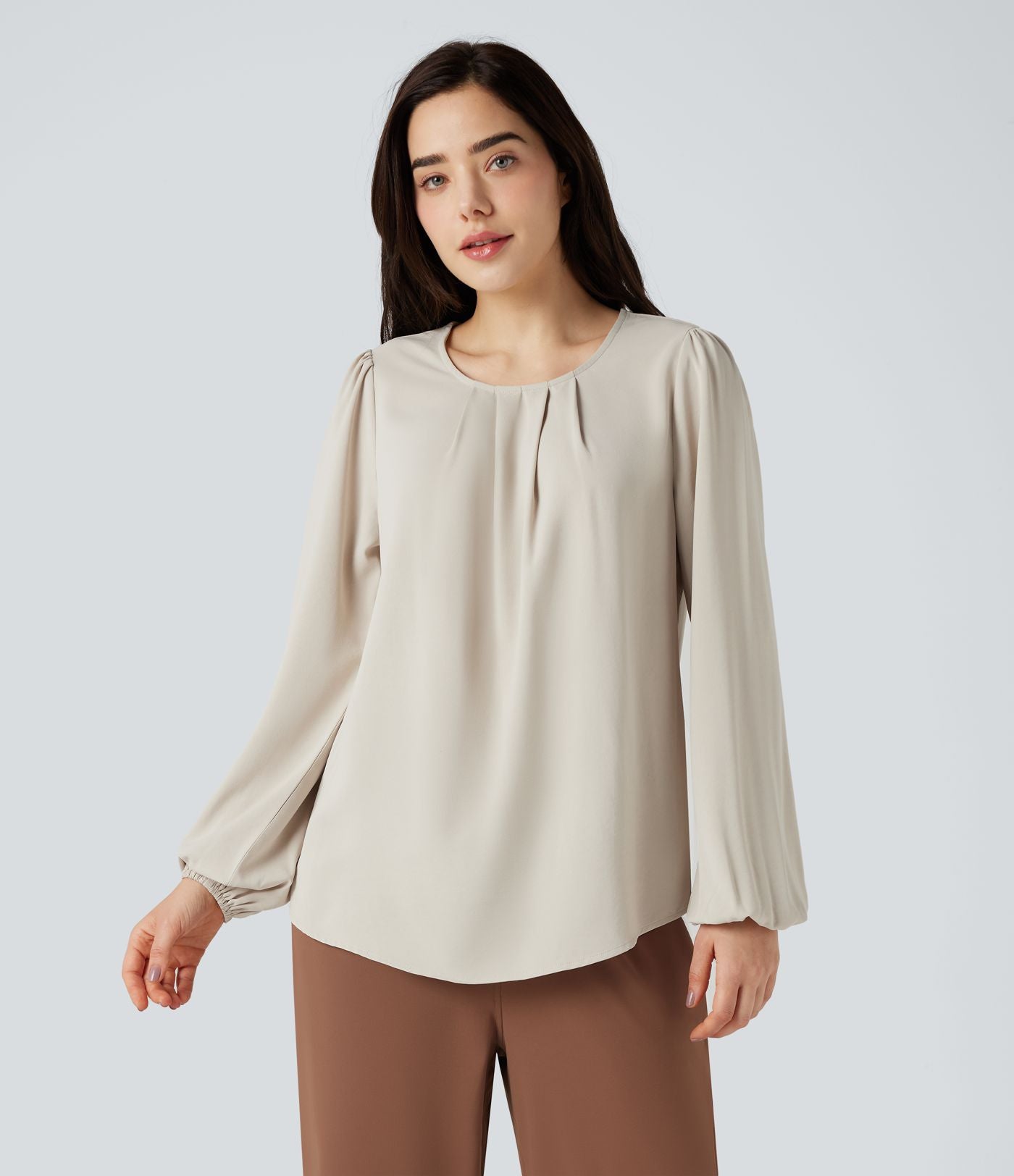 Blouse tailleur décontractée col rond dos keyhole manches bouffantes ourlet arrondi