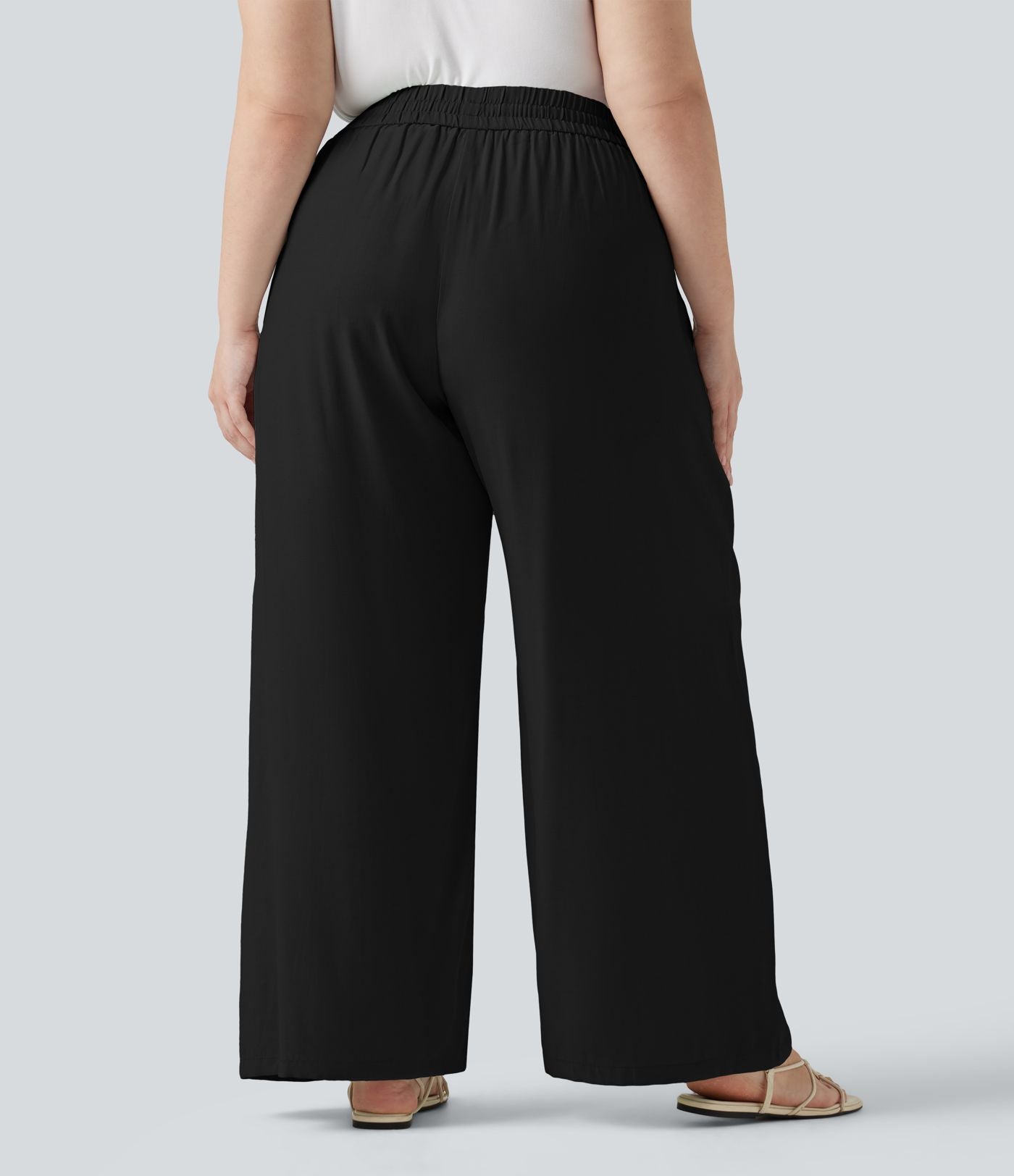 Pantalon large grande taille taille haute avec cordon de serrage et poches