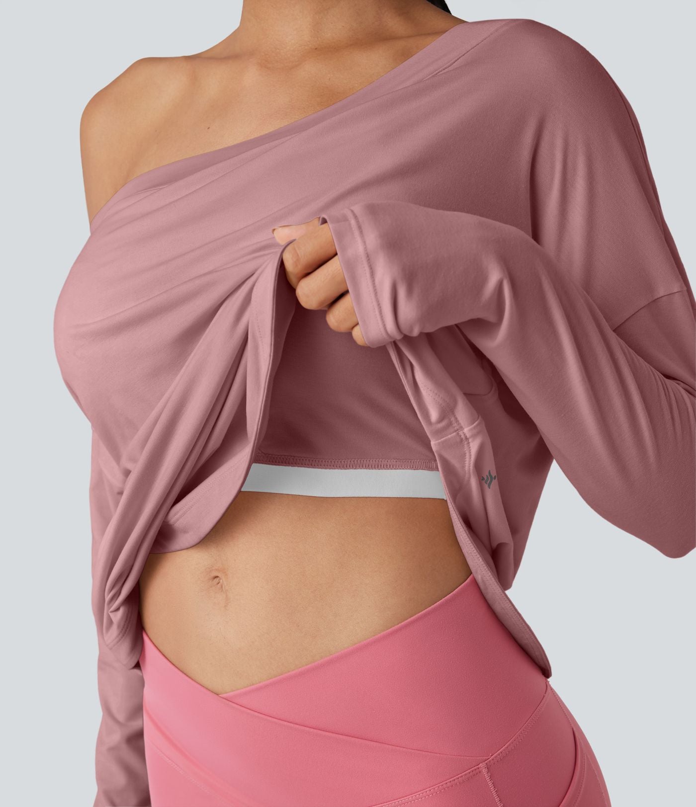 Top de sport yoga une épaule séchage rapide ourlet arrondi asymétrique manches longues avec trous pouces - Brassière intégrée