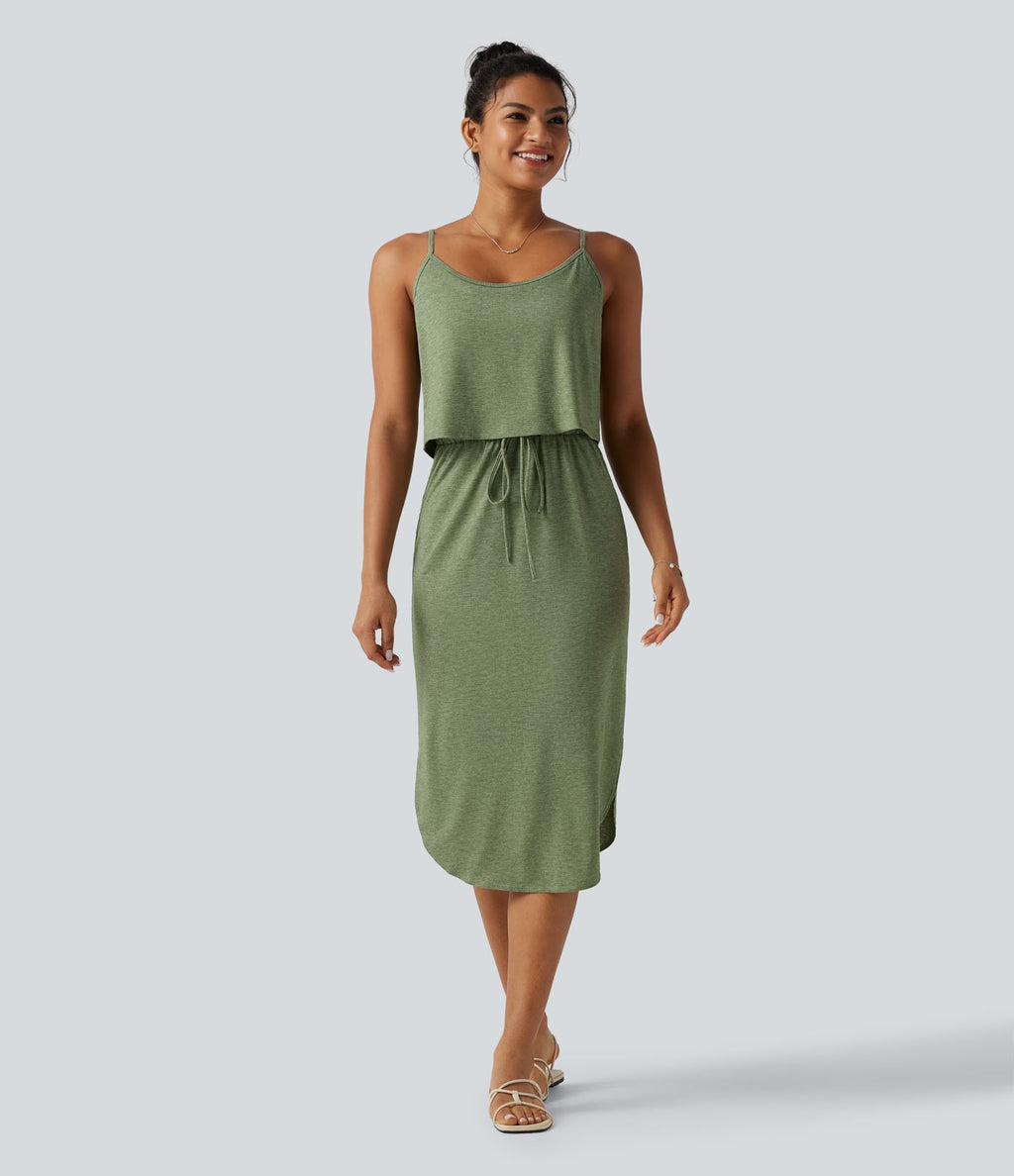 Robe nuisette midi casual à ourlet courbé fendu et cordon de serrage