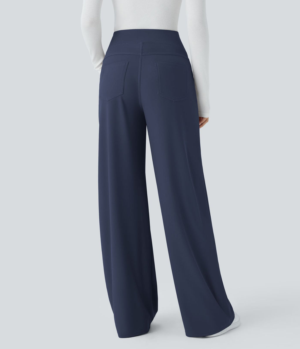 Pantalon tailleur large gainant taille haute en micro-gaufré avec poches Halara Flex™