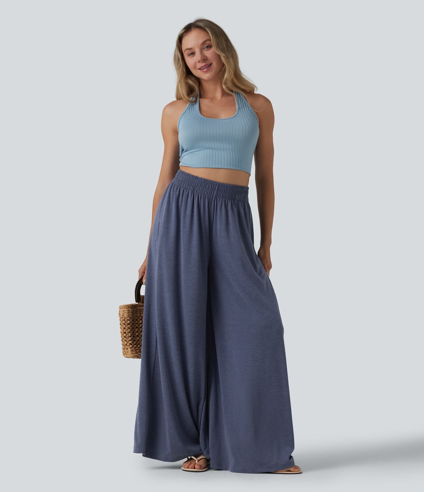 Pantalon large fluide chiné resort taille haute avec poches