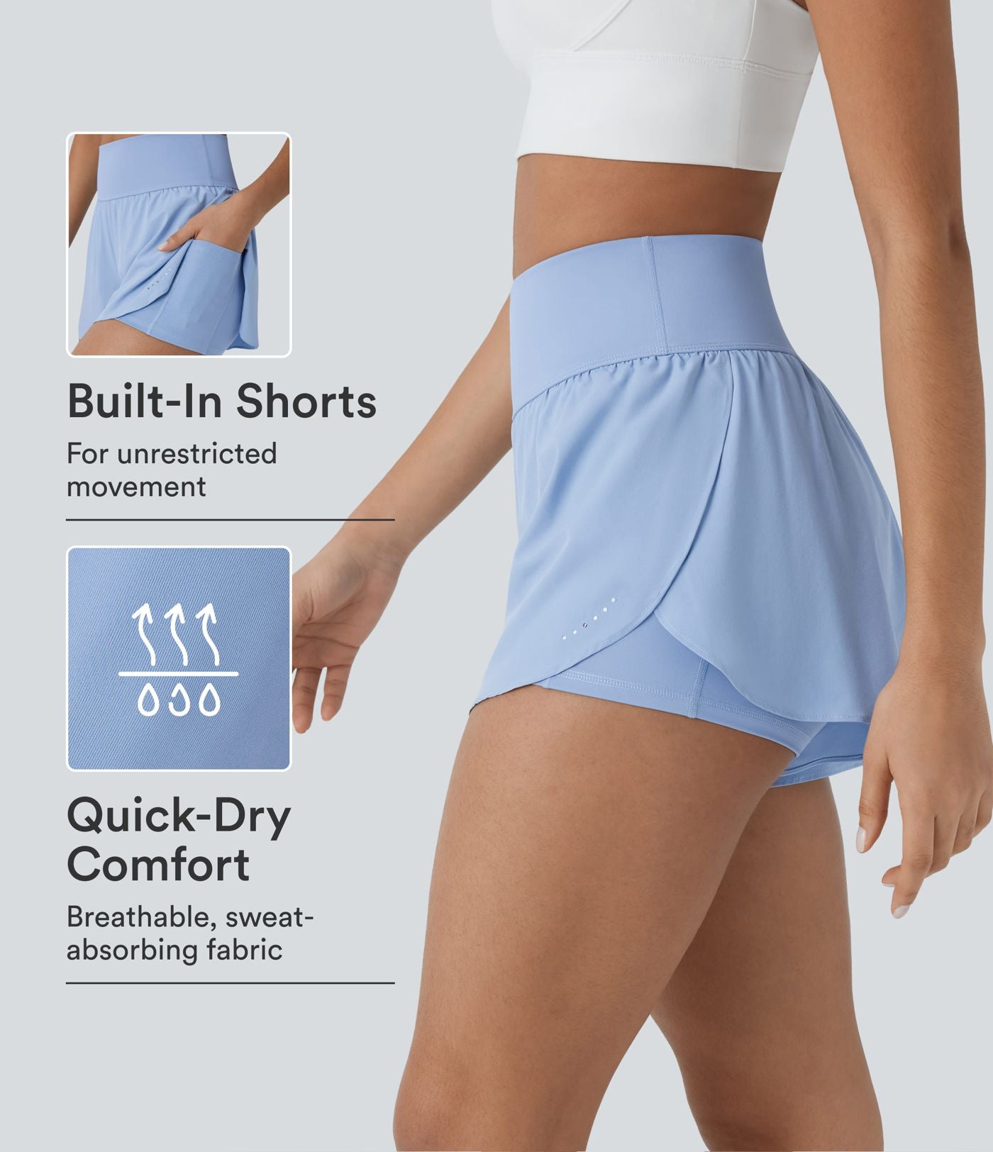Softlyzero™ QuickDry Short de course à pied 2-en-1 taille haute à ourlet croisé avec pois réfléchissants et poches latérales