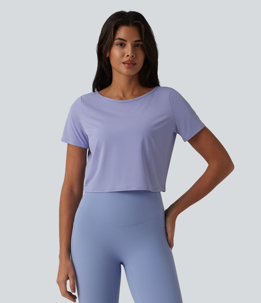 Haut de sport yoga col bateau manches courtes effet frais InstantCool dos ouvert, protection solaire UPF50+