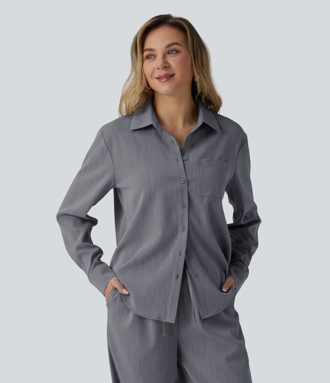 Chemise manches longues aspect lin avec poche