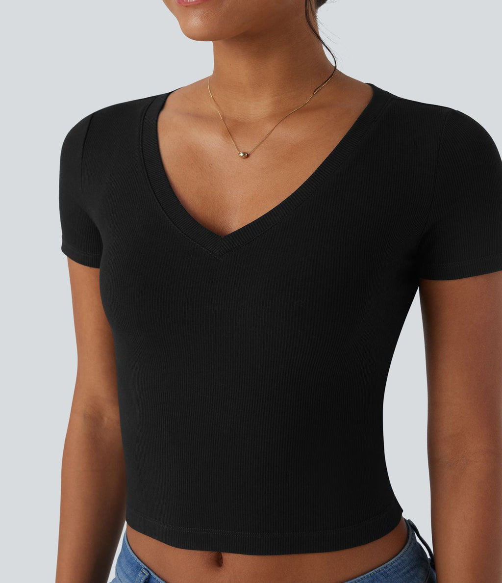 T-shirt de travail court maille côtelée col V manches courtes