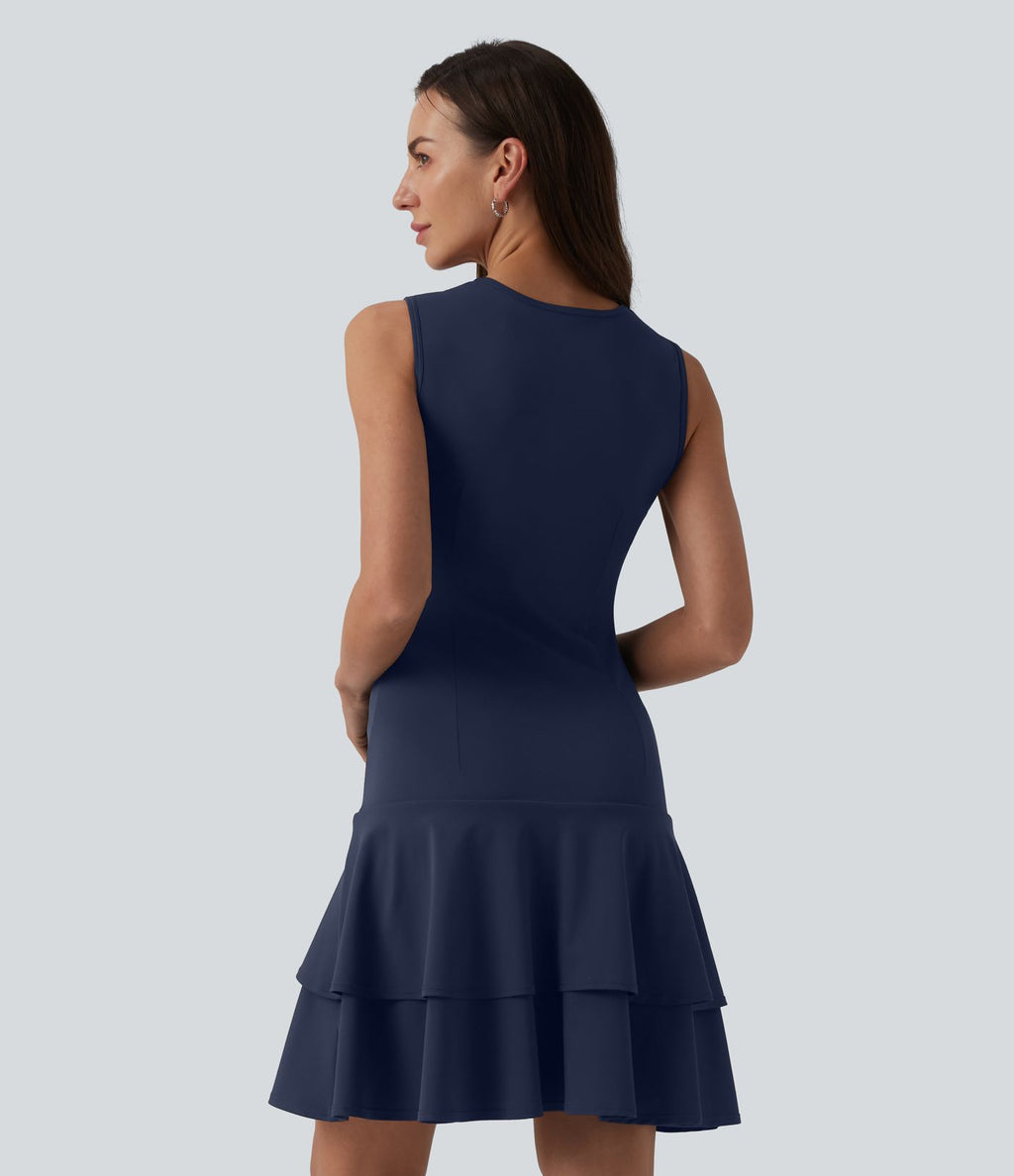 Robe mini décontractée SoftlyZero™ Airy col rond sans manches à volants superposés effet frais InstantCool