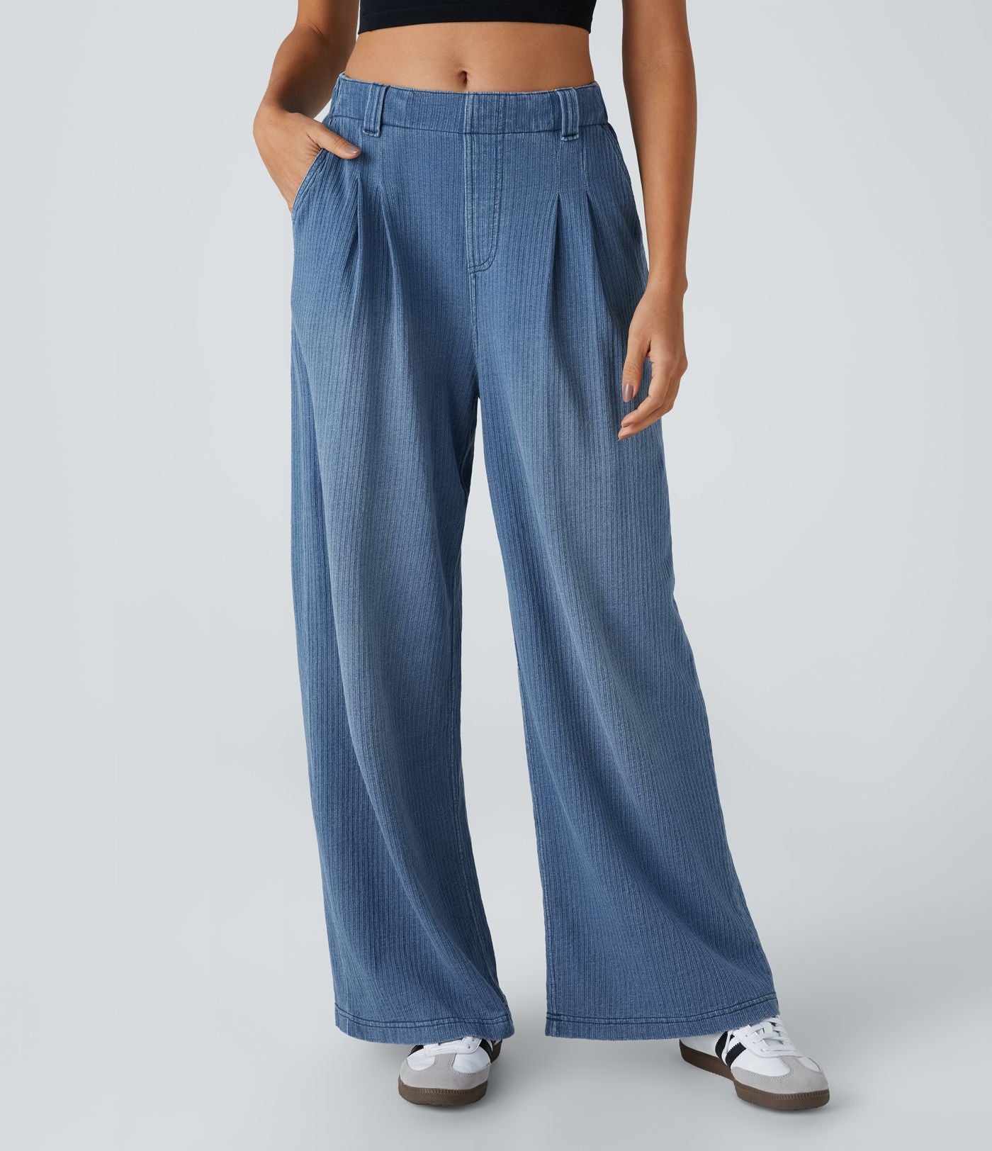 Halara Flex™ Jean Casual Large à Taille Haute avec Poches Latérales et Plis en Maille Extensible