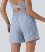Short ample de yoga Breezeful™ 12,5 cm taille haute avec cordon de serrage, empiècements en mesh contrastant, séchage rapide et poches