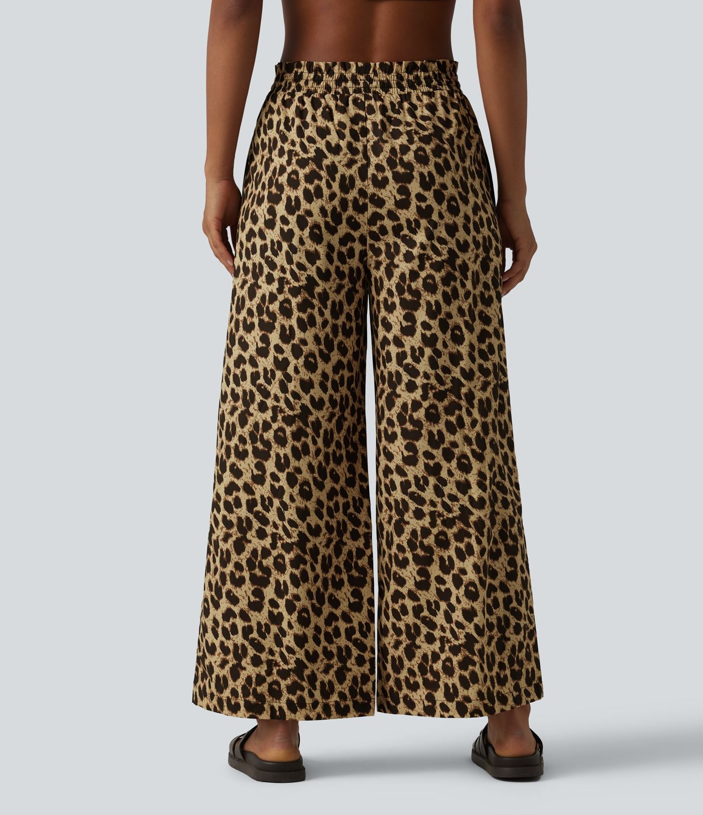 Pantalon large et fluide à imprimé léopard, taille haute avec cordon de serrage et poches latérales