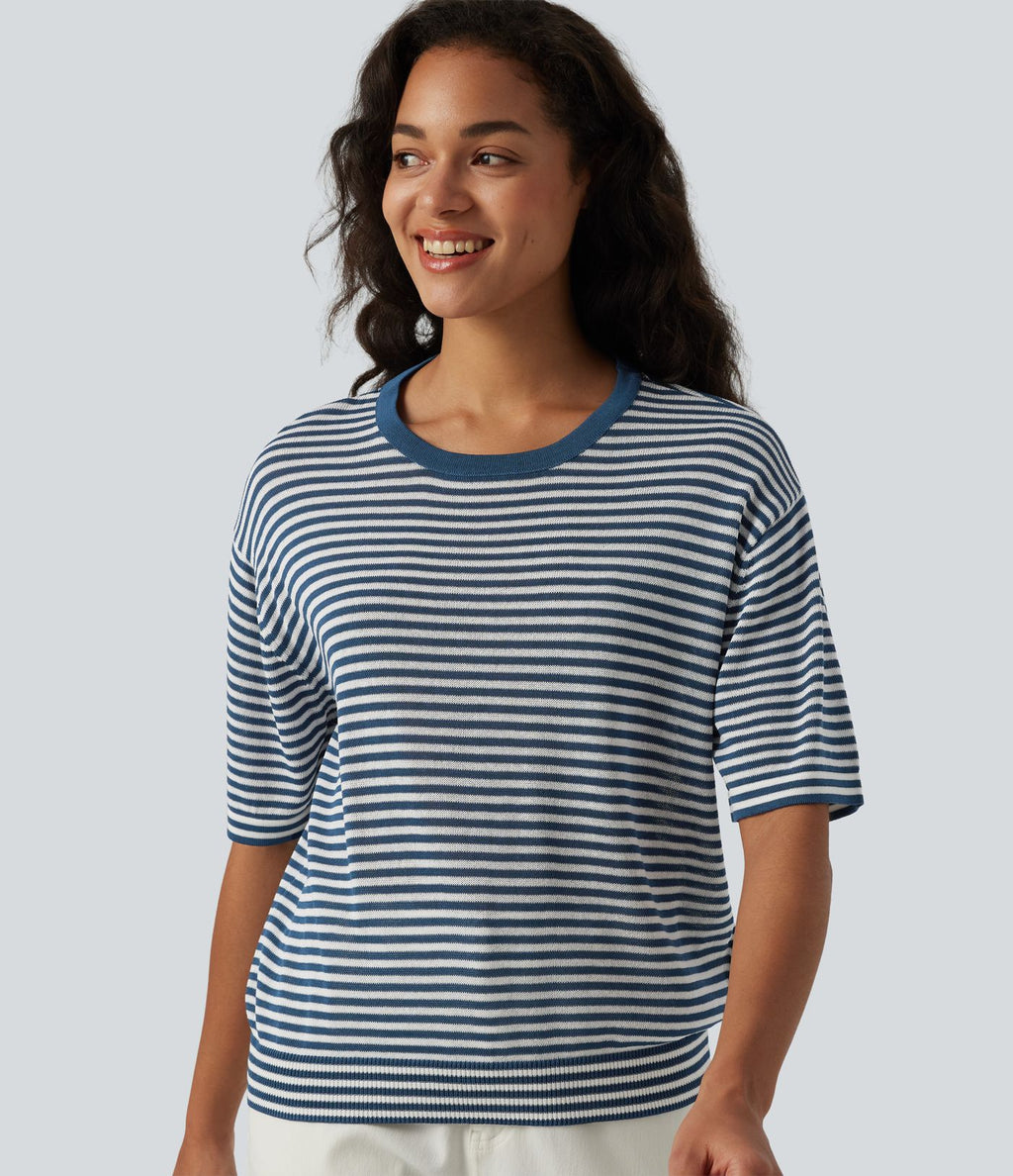 Pull décontracté rayé col rond manches courtes aspect lin