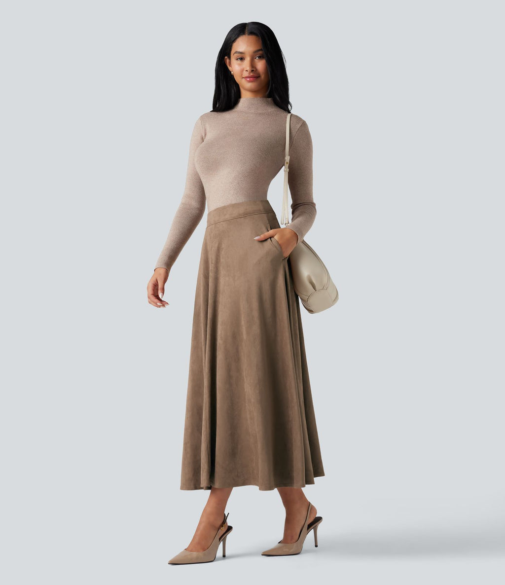 Jupe mi-longue évasée daim taille haute avec poches
