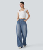 Jean palazzo ample taille mi-haute Halara Flex™ effet délavé avec poches