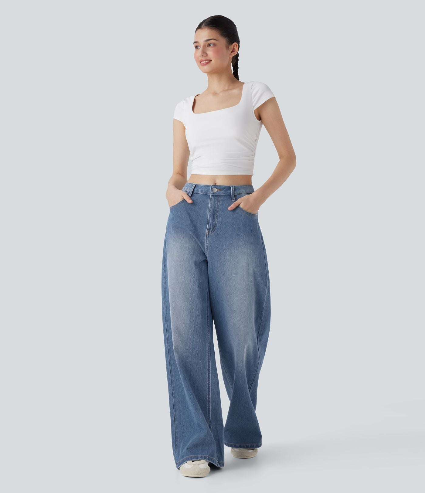 Jean palazzo ample taille mi-haute Halara Flex™ effet délavé avec poches