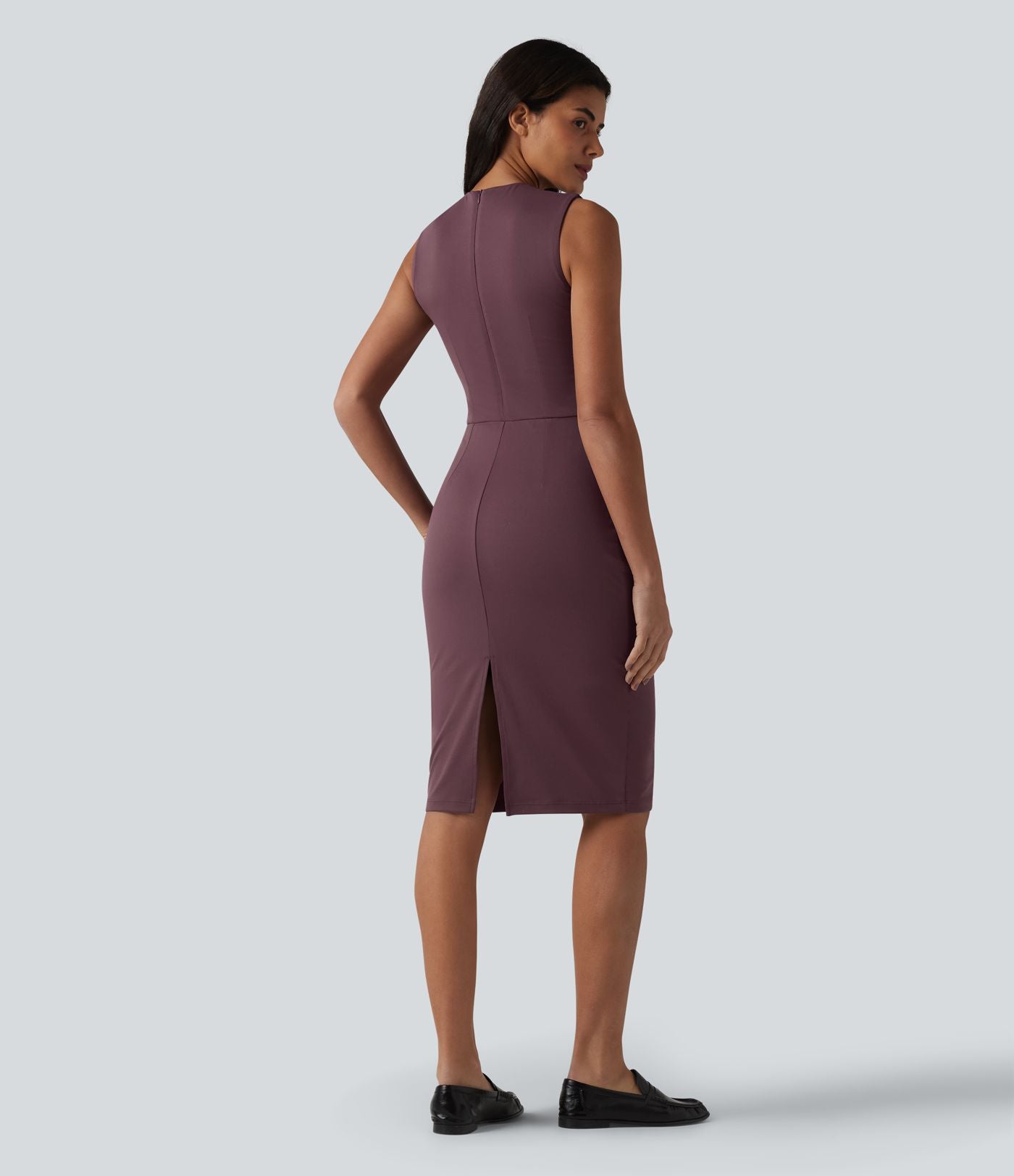 Robe midi tailleur sans manches col V ventre plat avec gainant intégré