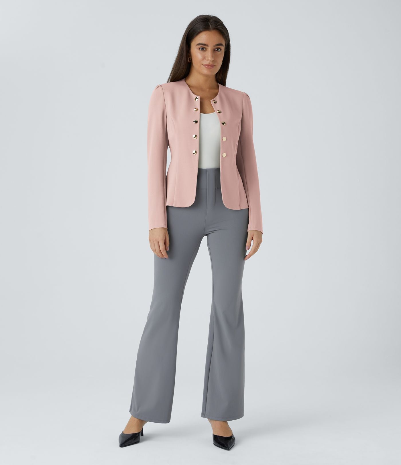 Blazer tailleur ajusté à col rond, manches longues avec boutons décoratifs