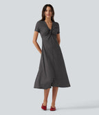 Robe midi décontractée à pois, col V, manches courtes