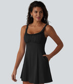 Robe mini casual sans manches à col U, volants, fronces et soutien-gorge intégré avec poches