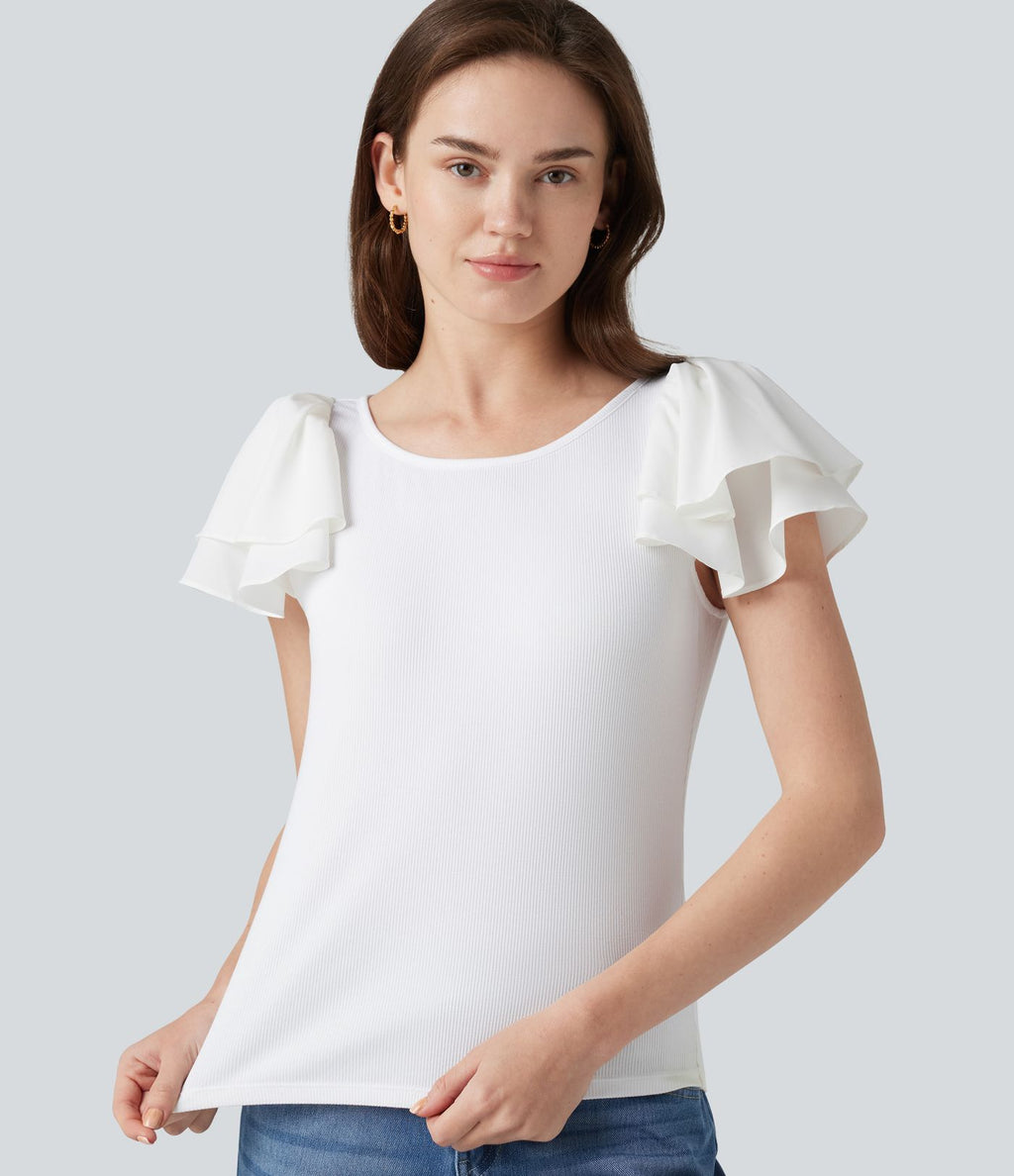 Blouse décontractée col rond à manches à volants étagées
