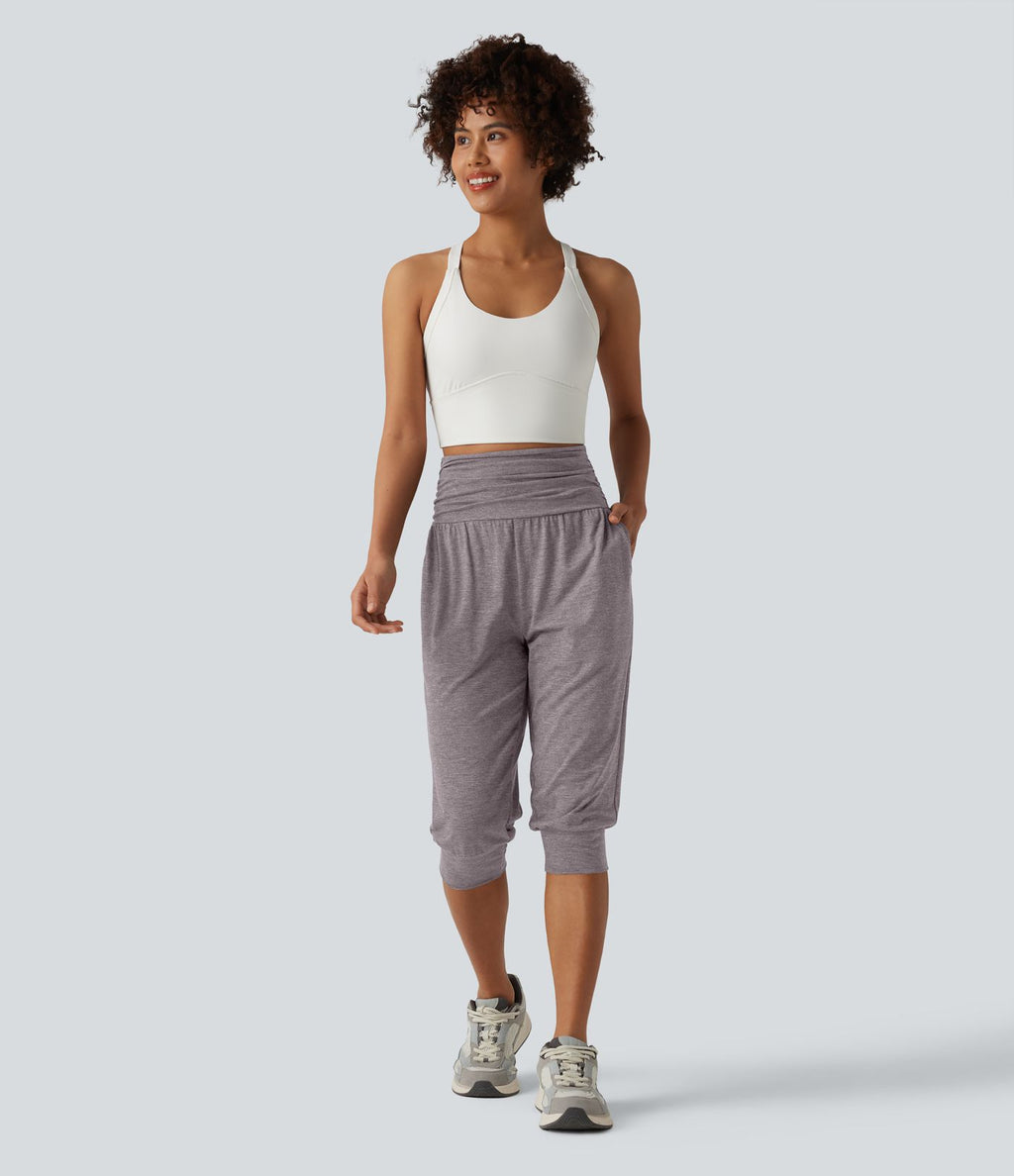 Jogging yoga corsaire chiné taille haute à fronces avec poches