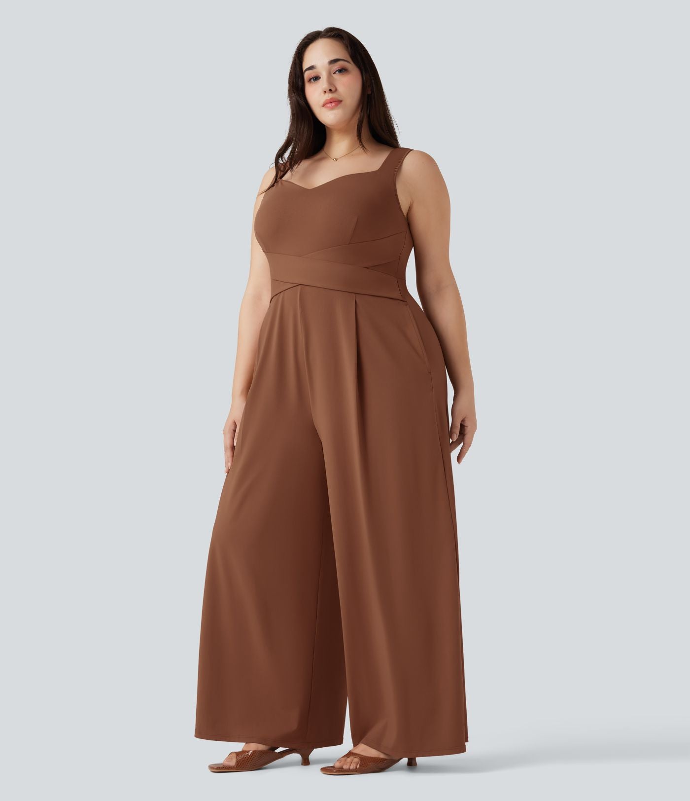 Combinaison décontractée grande taille dos en U sans manches avec poches